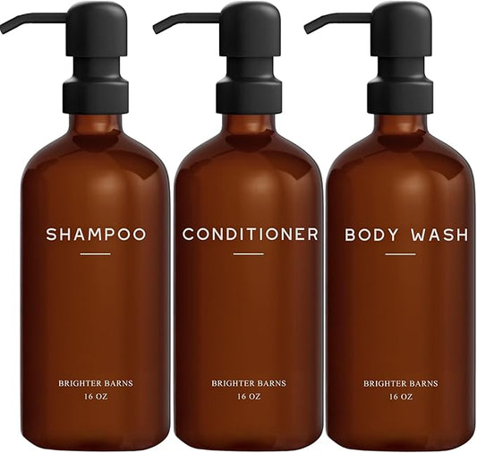 Amber Shampoo and Conditioner Dispenser Set by Brighter Barns - Body Wash and Shampoo Bottles with Pump - Refillable Plastic Shower Dispenser for Modern Bathroom Decor in Vacation Rental, Spa (Amber)