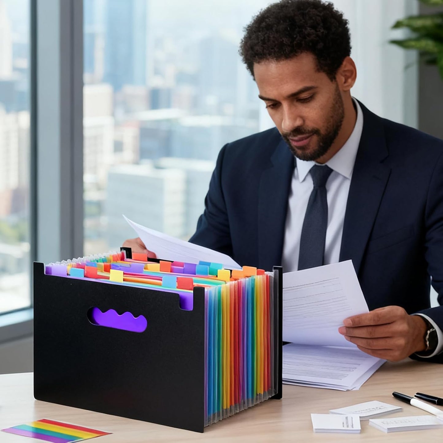 File Organizer Box with Folder, Accordion File Organizer 25 Pockets, File Folder Organizer with Lid for Home, Office, School, Black