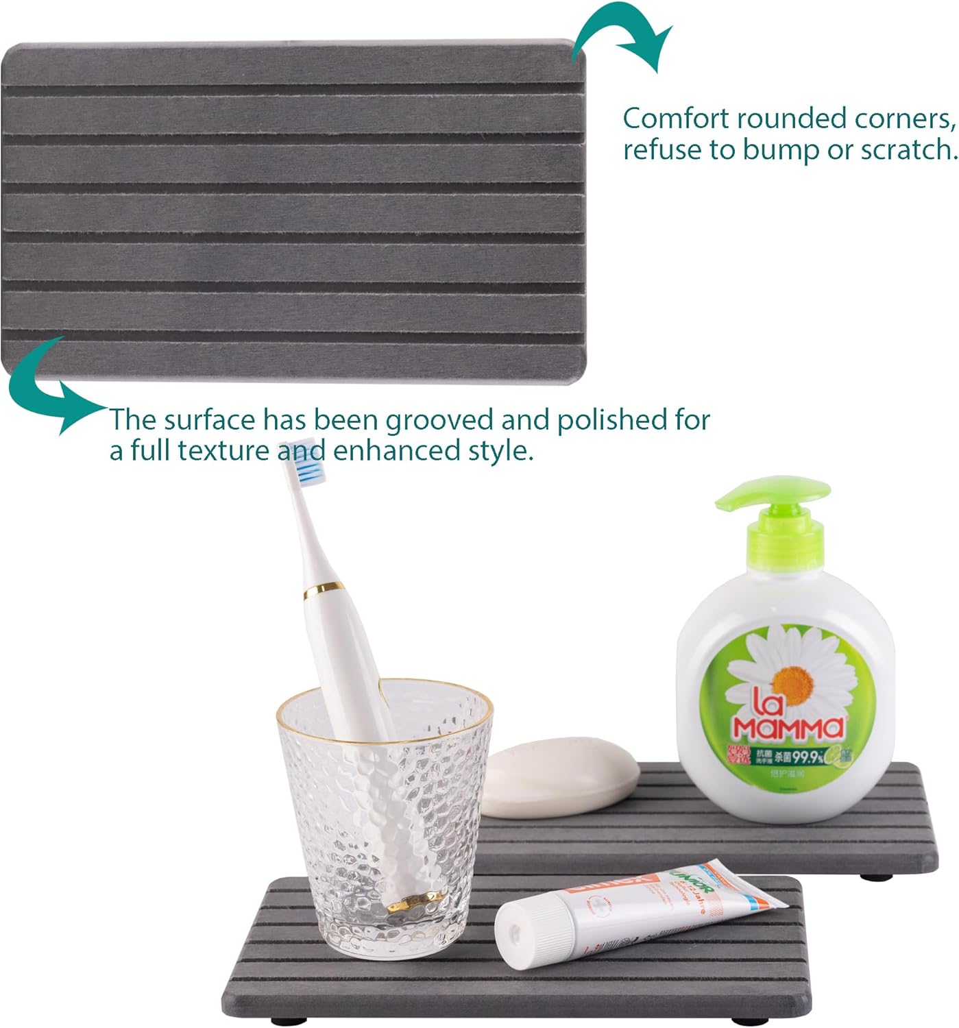 2 PCS Water Absorbent Diatomite Coasters (9.5" x 5.5"), Grooved Design, Water Absorbing Stone Used for Hand Soaps & Plants & toiletries in The Modern Home