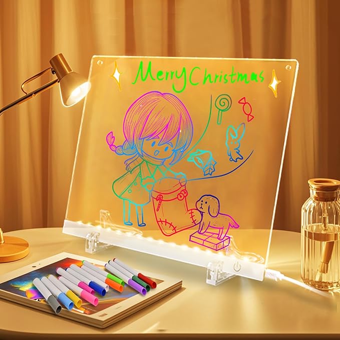 LED Note Board with Colors 12-Color Illuminated Acrylic Drawing Board - Dry-Erase Night Light with Stand for Home/Office/Gift/Festival (12" W x 8.5" H (White))