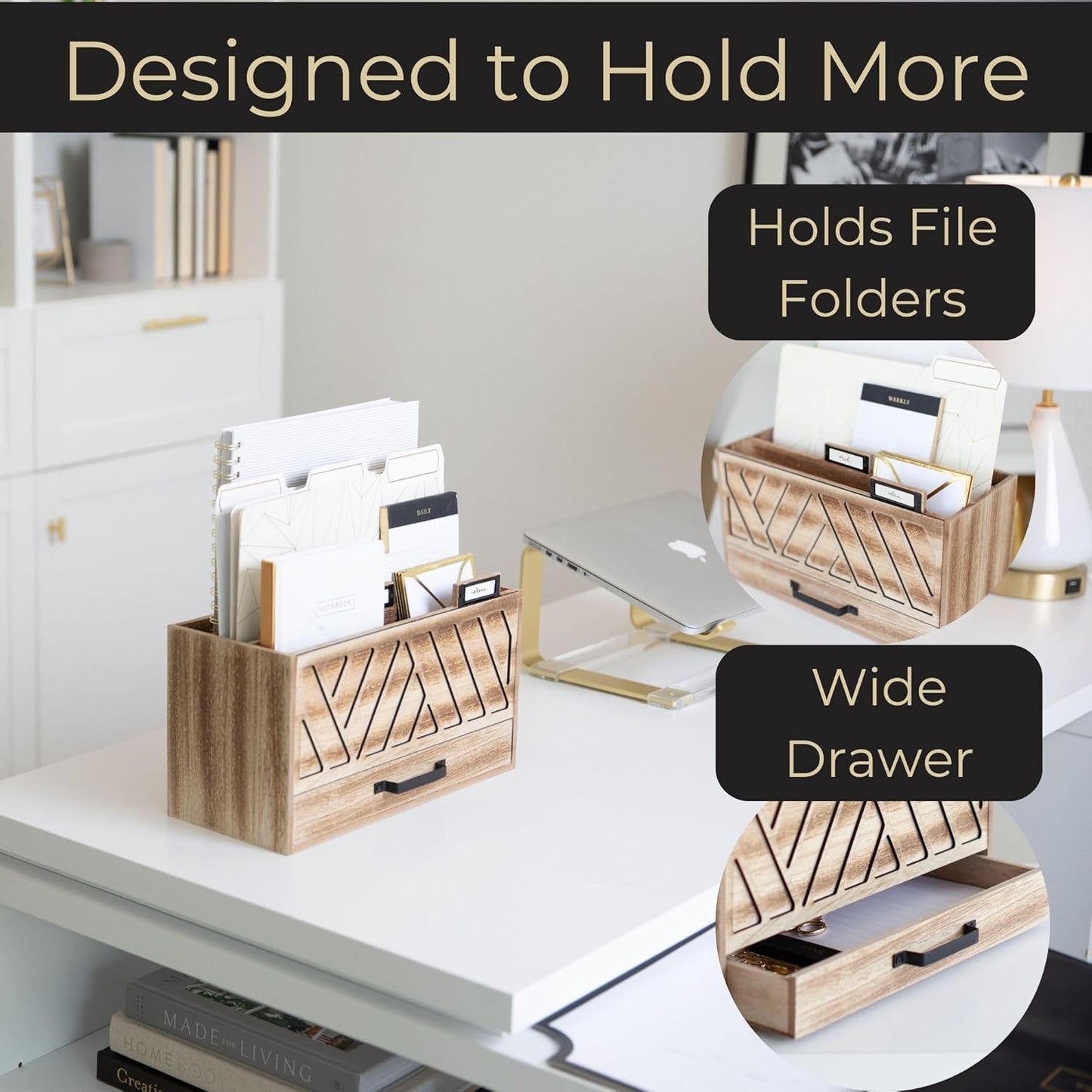 BLU MONACO Natural Wood Desktop Mail Organizer – Three-Tiered with Gold Label Holders and Drawer – Stylish Mail Holder and Countertop Document Storage for Home or Office