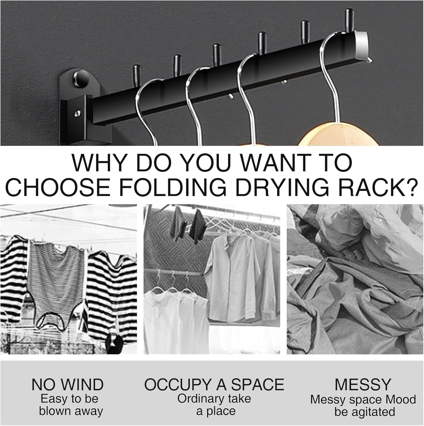 2 PCS Folding Wall Mounted Clothes Drying Rack, Swing Arm Design, Black, Stainless Steel