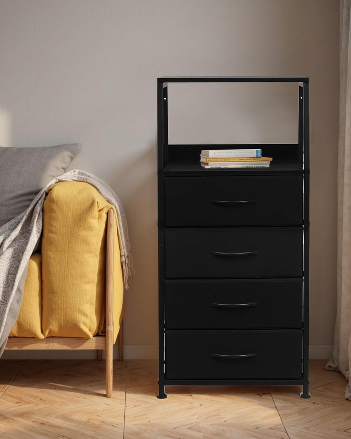 Dresser for Bedroom, Fabric Nightstand Tall Dresser & Chests of Drawers with 4 Drawers, Vertical Organizer Storage Tower Unit for Bedroom, Hallway, Entryway Black
