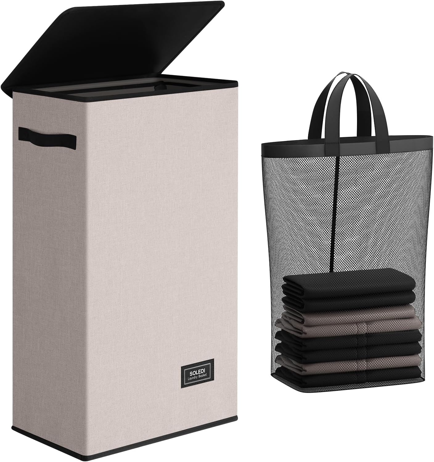 SOLEDI Slim Laundry Hamper with Lid, Narrow Laundry Basket with Removable Bags, Dirty Clothes Hamper with handle, Small Hamper perfect for Laundry room, Bathroom, Bedroom, Small spaces.Light taupe