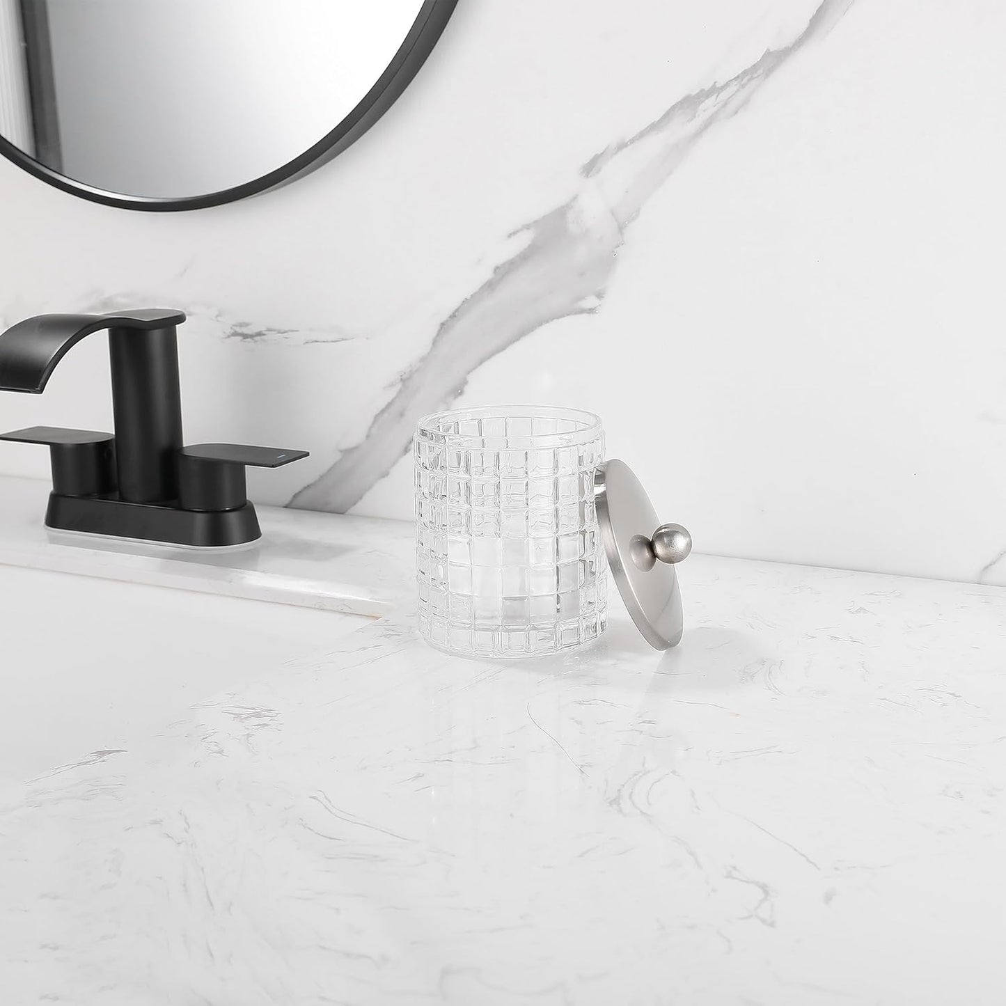 Clear transparent Apothecary Etched Geometric Grid Glass Jar W/Satin Nickel Metal Lid Cover for Bathroom Organization, Cotton Balls, Q Tips, and Small Accessories, Bathroom Storage