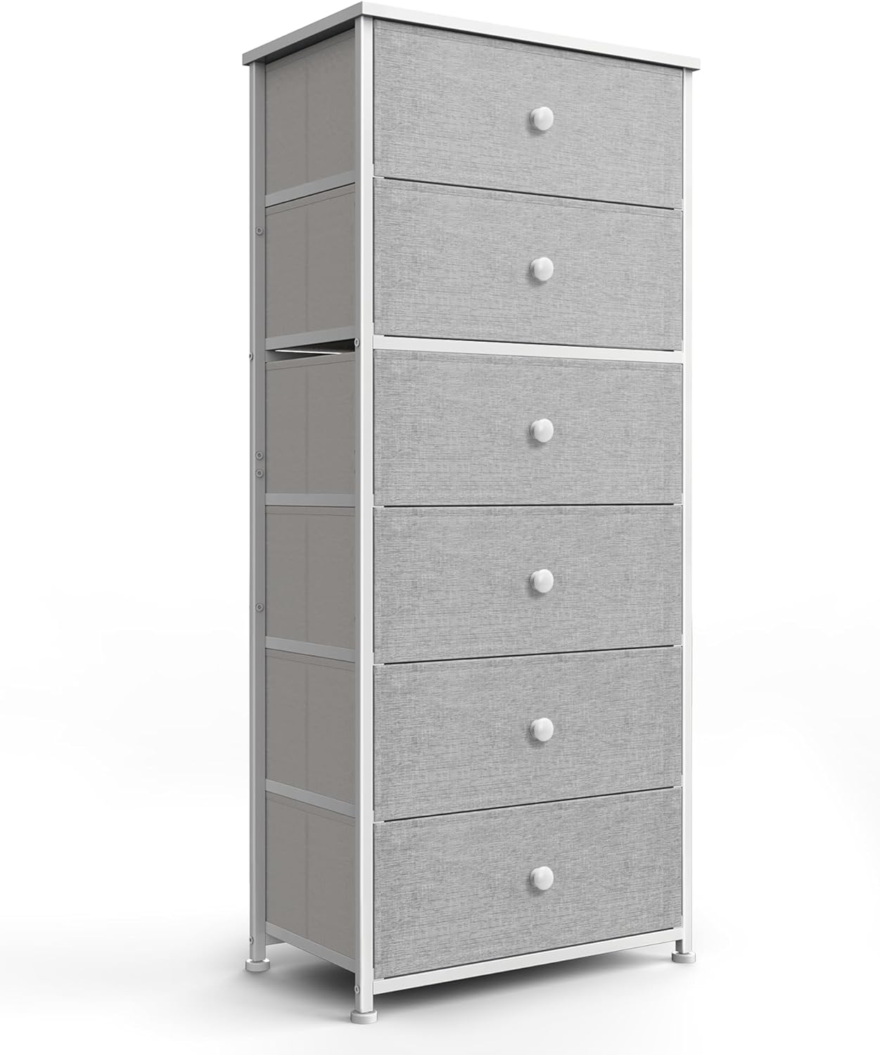 Tall Fabric Dresser for Bedroom, Vertical Storage Organizer Tower with 6 Drawers, Chest of Drawers with Bins, Steel Frame, Wood Top for Bedroom, Closet, Entryway Light Grey