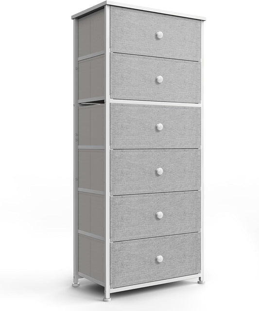 Tall Fabric Dresser for Bedroom, Vertical Storage Organizer Tower with 6 Drawers, Chest of Drawers with Bins, Steel Frame, Wood Top for Bedroom, Closet, Entryway Light Grey