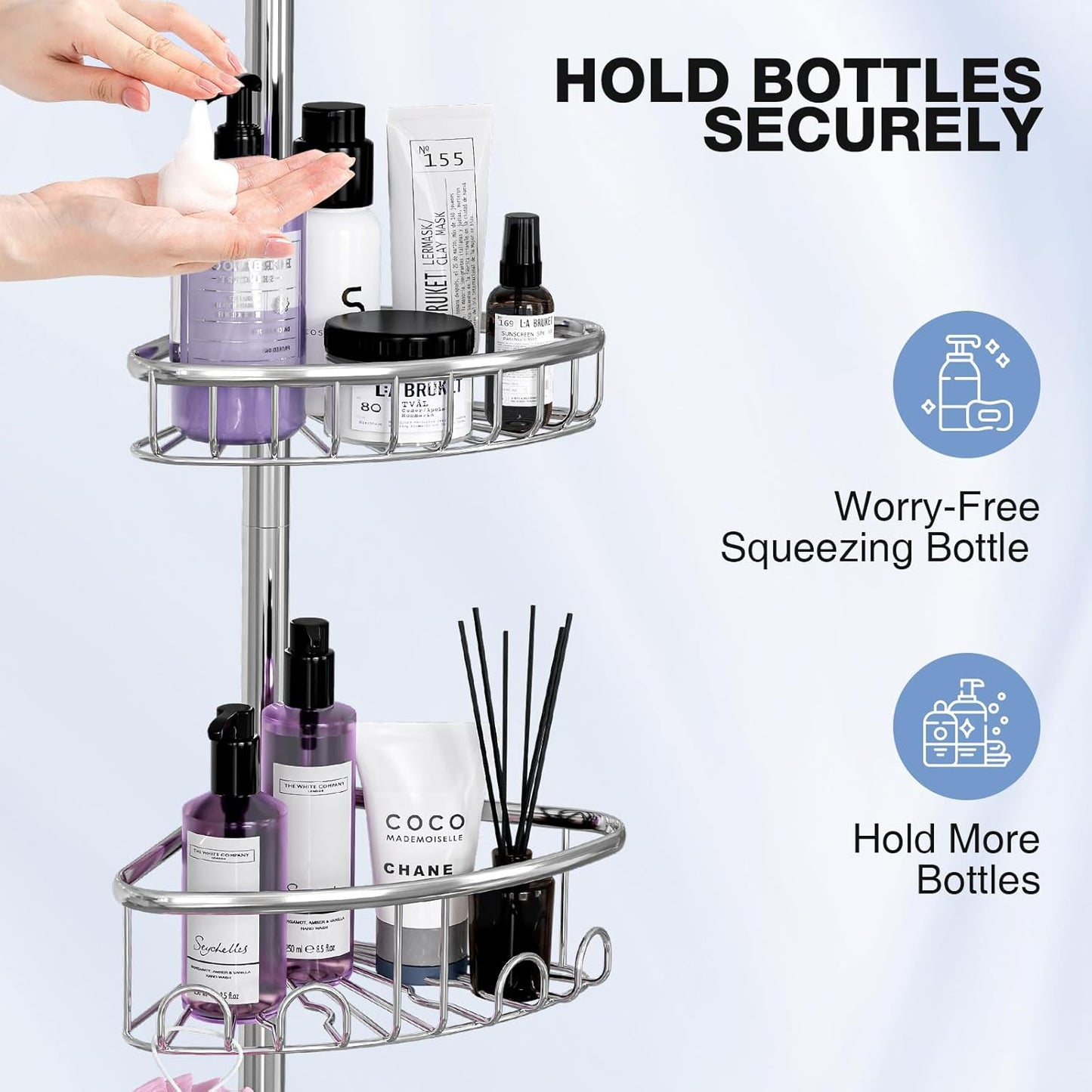 Corner Shower Caddy Tension Pole: Stainless Steel Rustproof 4-Tier Shower Organizer - 47-121 inch Adjustable Bathroom Shelves for Bathtub Shampoo Storage - Tension Rod Floor Standing Bath Rack -Silver