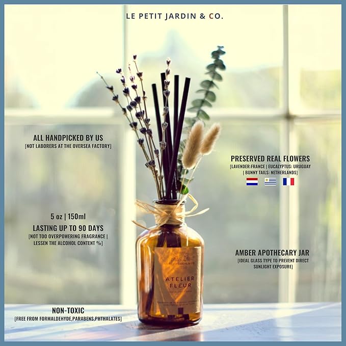 Reed Diffusers - Oil Sticks Diffuser Set with Real Dried Flowers - Reed Diffusers for Home, Bathroom & Office | Air Freshener Fragrance Sticks for Shelf Decor & Gifts by Le Petit Jardin & Co.