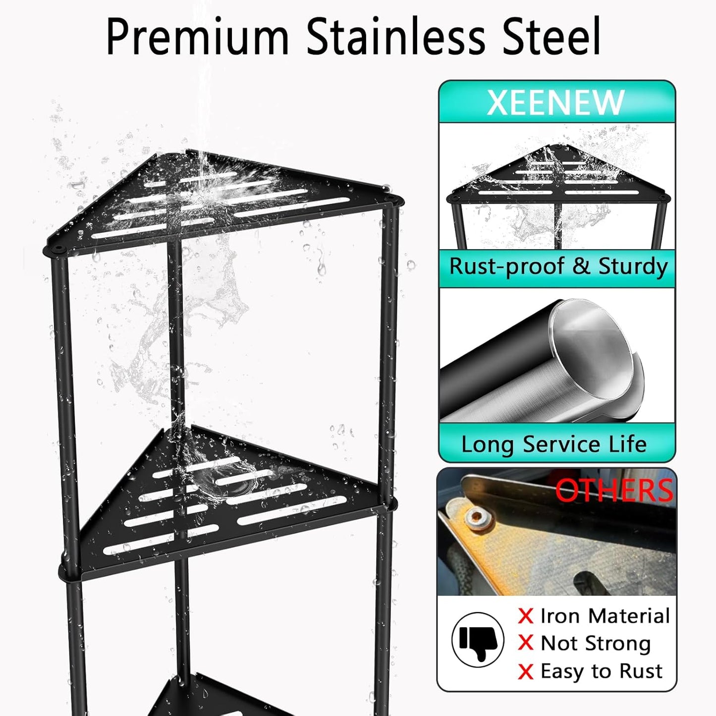 Standing Shower Caddy Corner, 3 Tier Stainless Steel Shower Organizer Stand, Rustproof Corner Shower Shelves, Corner Shower Caddy Bathroom Shower Stand, Black