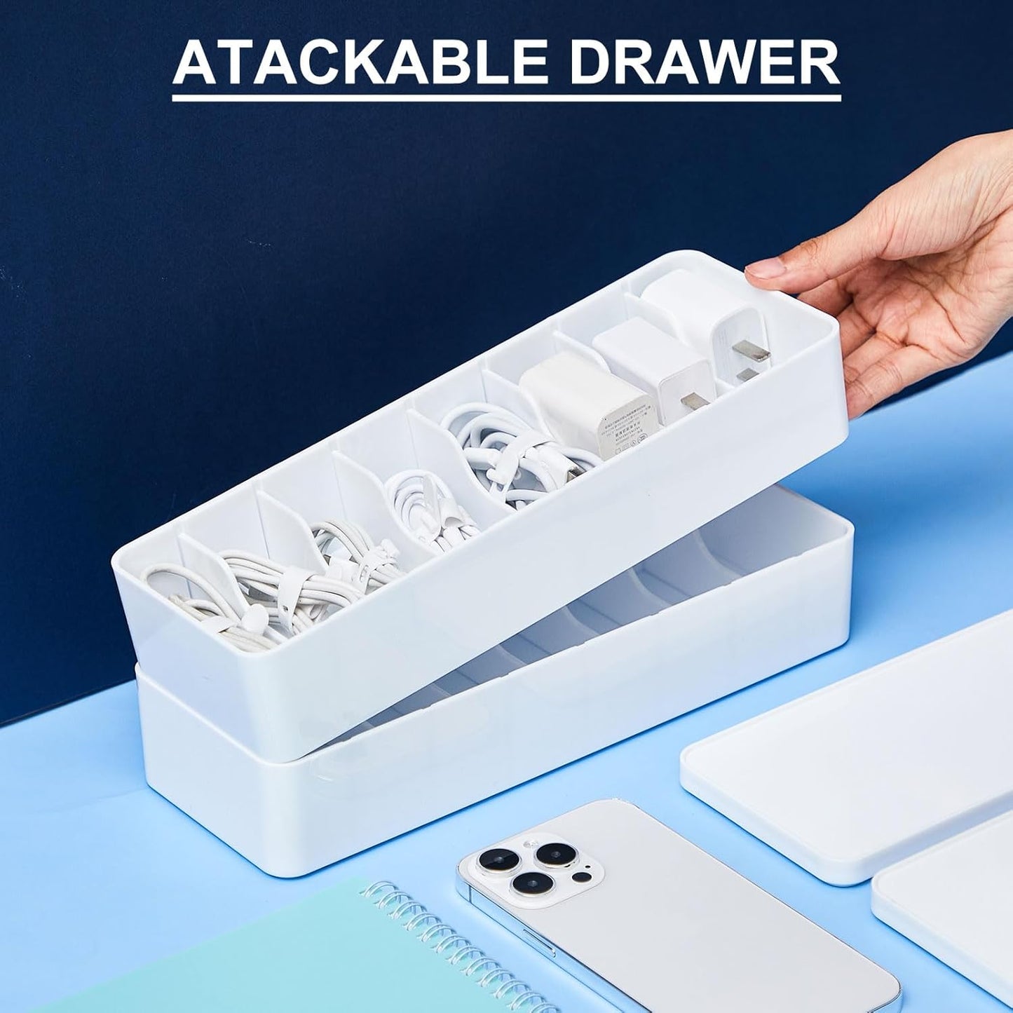 Tatuo 4 Pcs Cable Organizer Box with Wire Ties, Plastic Cord Storage Box with Lid, Electronics Organizer for Home Office Desk Organizers and Accessories (White)