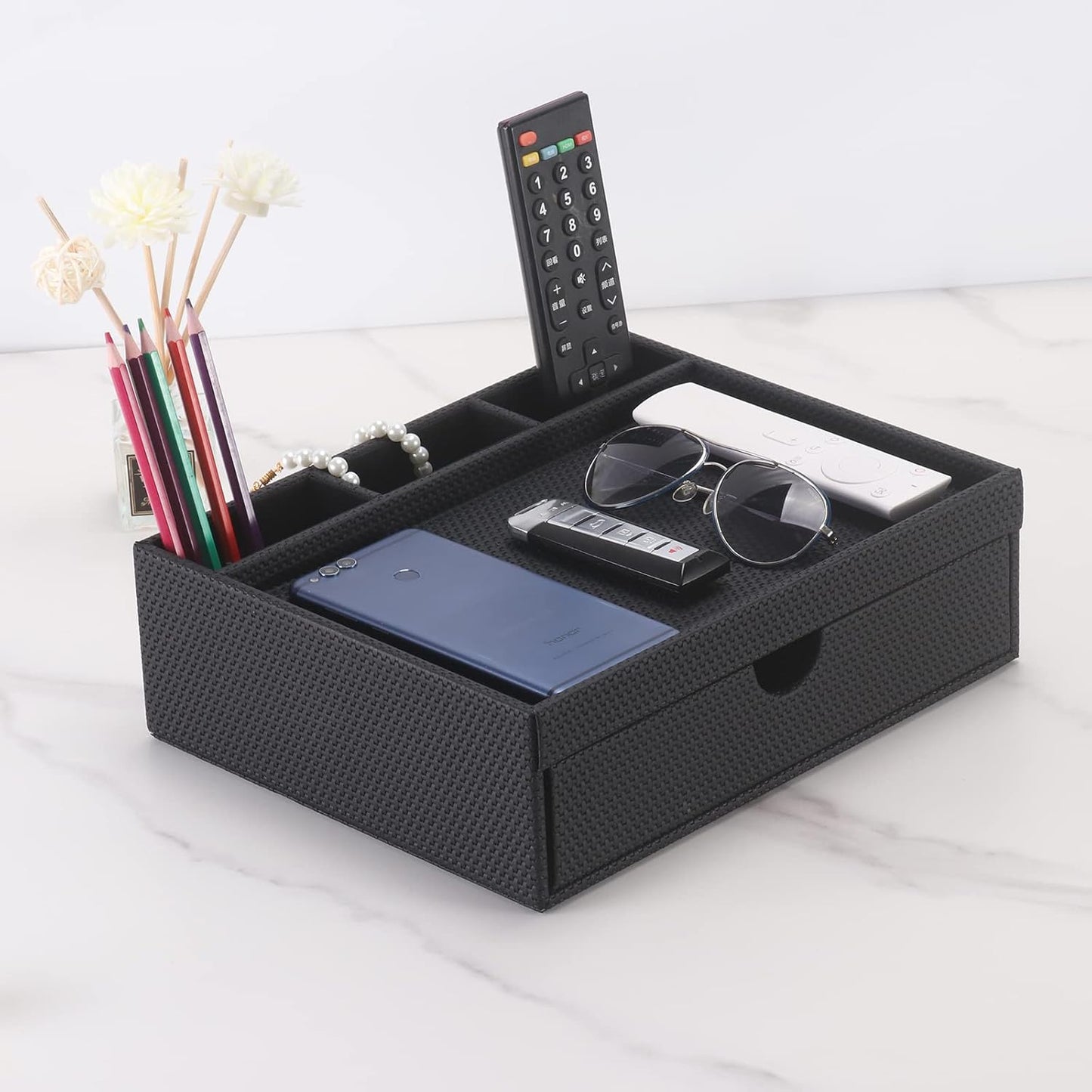 Leather Desk Organizer With Drawers, Home Cosmetics Organizer, Phone Remote Organizer, Drawer Plus Divider & Tray (black)