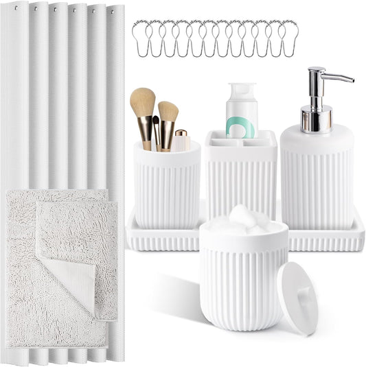 8-Piece White Bathroom Set - Resin Bathroom Accessories Sets Complete with Shower Curtain and Rugs, Soap Dispenser, Toothbrush Holder, Cup, Tray & Cotton Swab Jars