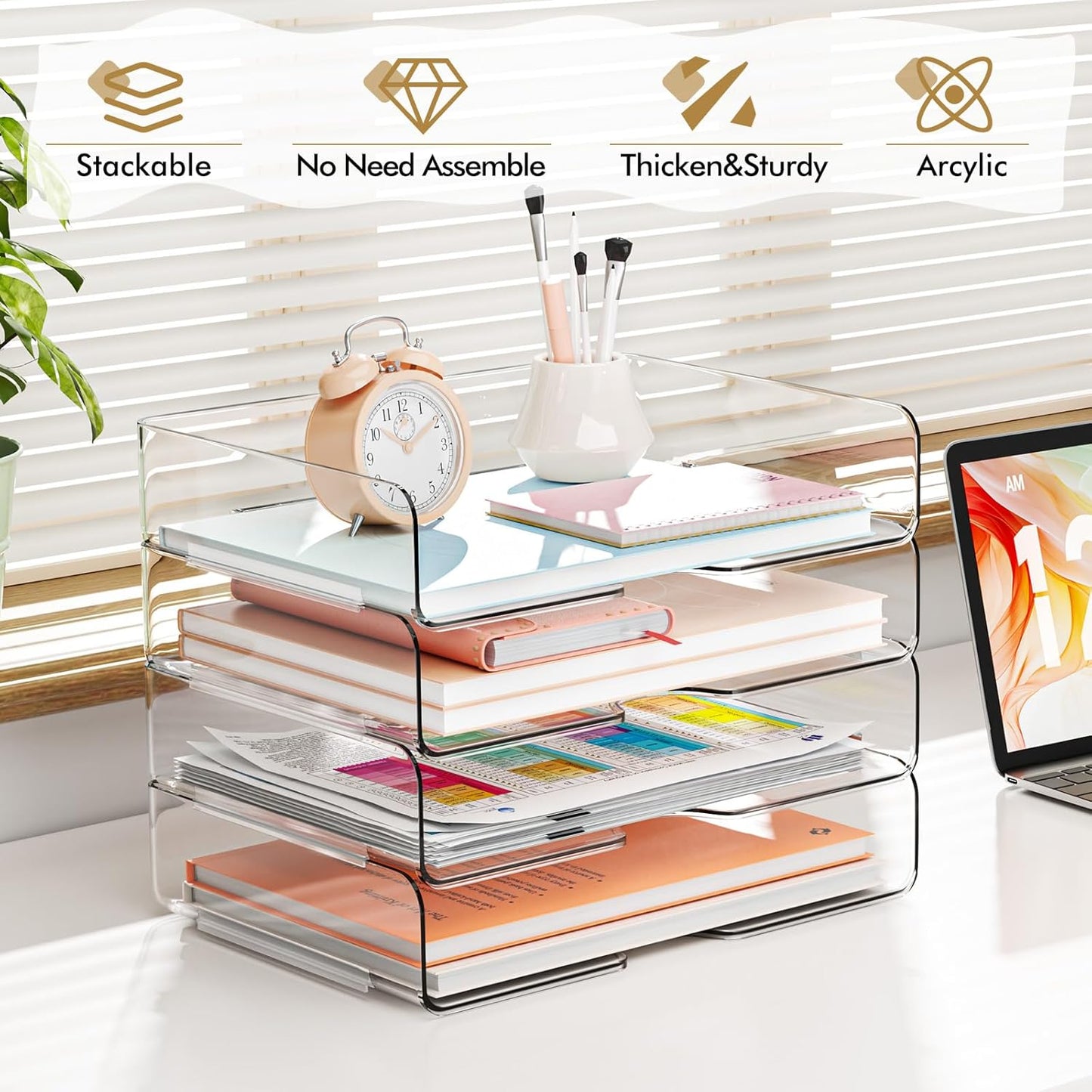 YKLSLH 4 Trays Paper Organizer Letter Tray - Acrylic Desk File Organizer, Stackable Clear Paper Holder Sorter Office Organizer for Letter/A4, Office File Ipad Books Notes Etc
