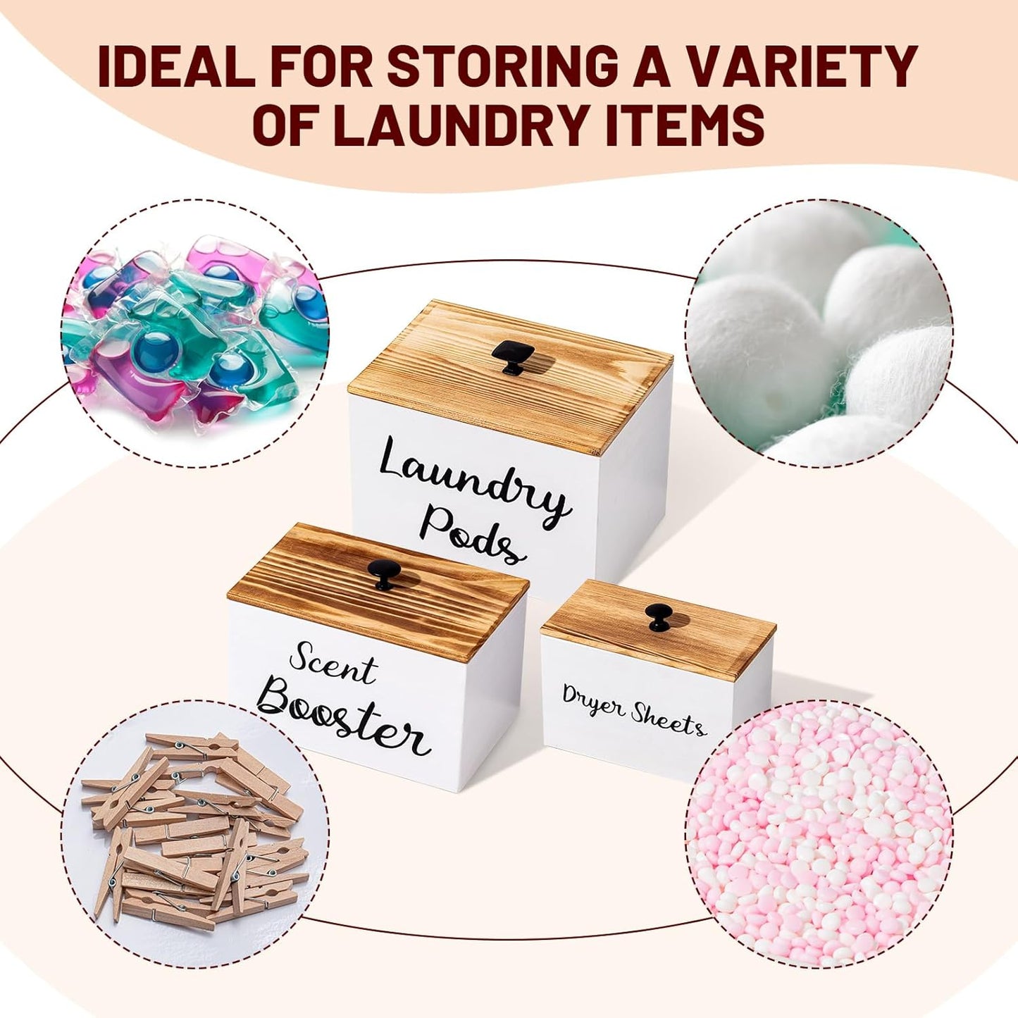 Dandat 3 Pcs Dryer Sheet Holder Laundry Pod Holder Scent Booster Container Set with Scoop Rustic Wood Dryer Sheet Container Laundry Beads Dispenser for Storage(White)