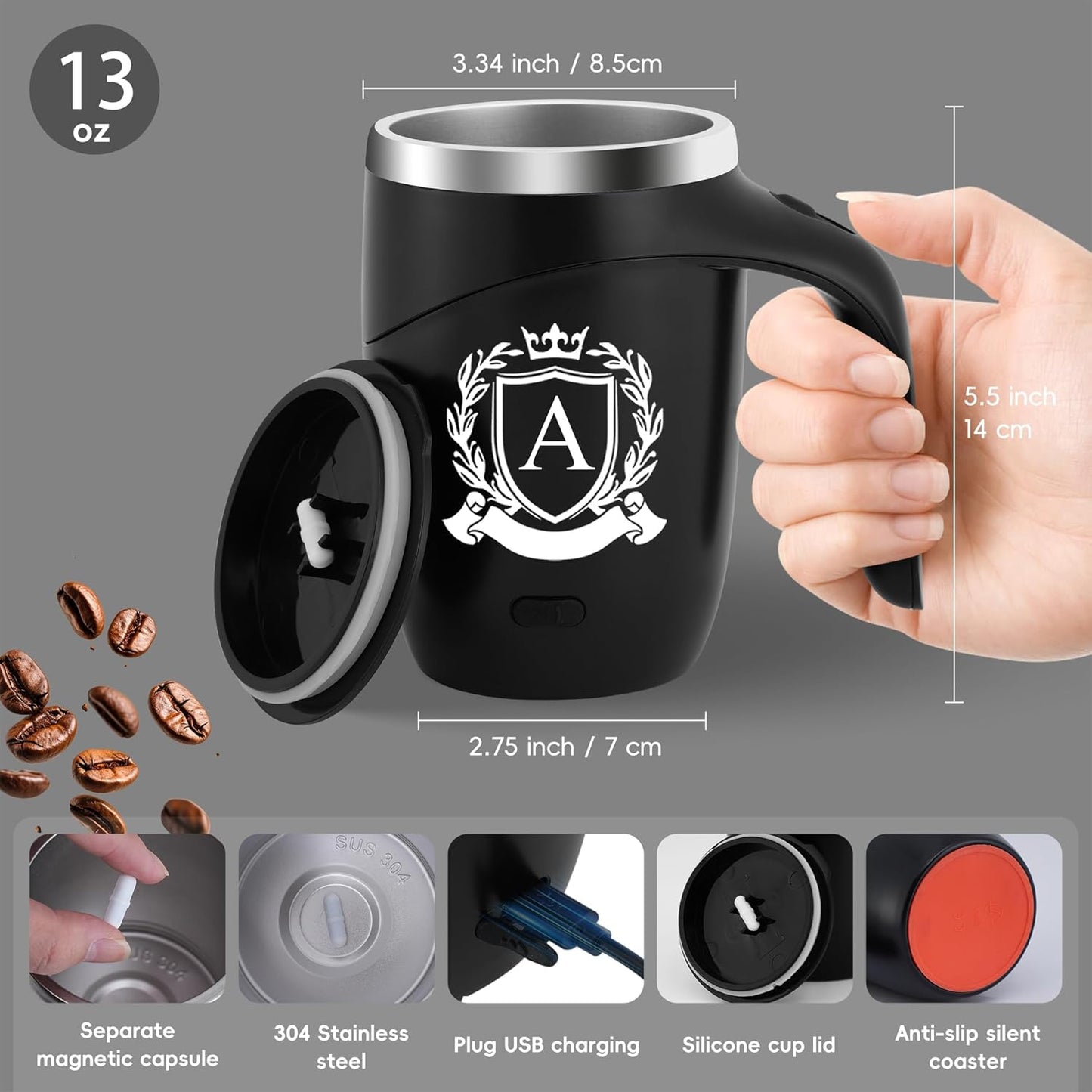 Initial Magnetic Stirring Coffee Mug with Lid Handle Automatic Self Electric Mixing Insulated Stainless Steel Spill Leak Proof Heavy Large Reusable Thermal Travel Tea Cup Camping Big Water Tumbler,A