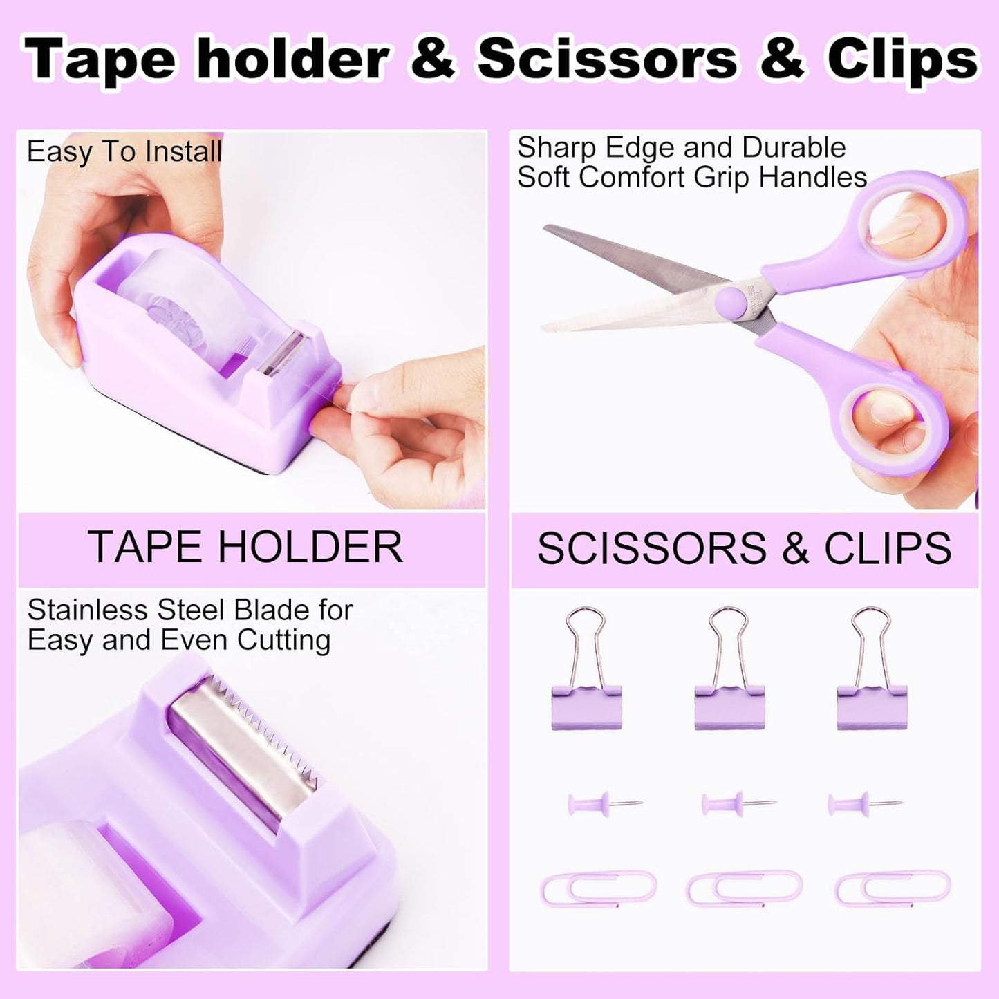 Desk Organizers and Accessories Set with 360-Degree Rotating Pen Holder, Tape Dispenser, Stapler, Staple Remover, 1000 Staples, Tape, Clips Set, Ruler, Scissor, Pen