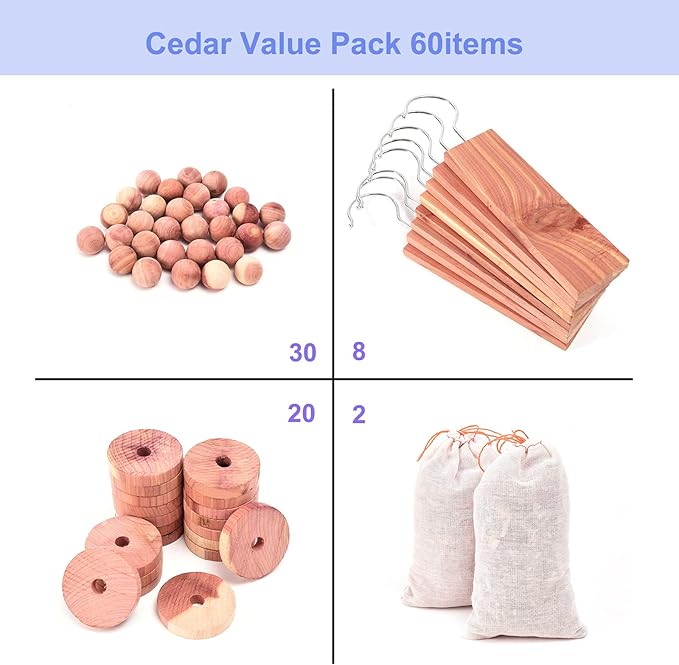 Cedar Blocks for Clothes Storage 60PCs, Red Cedar Hang Ups, Balls, Rings and Sachet Bags for Closets and Drawers