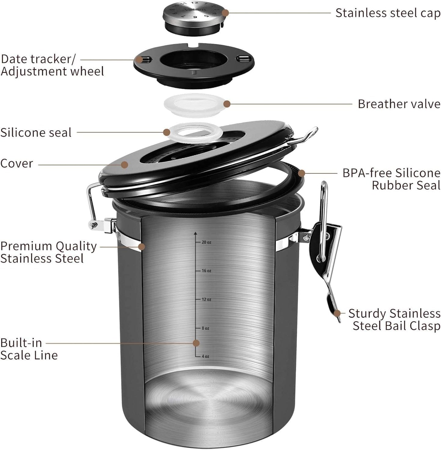 Veken Coffee Canister with Window,Airtight Stainless Steel Kitchen Food Storage Container, Date Tracker & Scoop for Grounds Coffee, Beans, Tea, Flour, Cereal,Sugar,22OZ,Grey