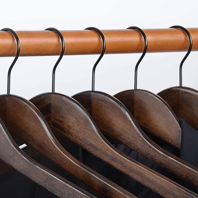 TOPIA HANGER Heavy Duty Wood Coat Hangers in Smooth Retro Finish, Boutique Quality Wooden Suit Hangers-Non-Slip Rubber Pants Bar and Smoothly Cut Notches-360° Rotating Black Hook-30 Pack, CT04A30