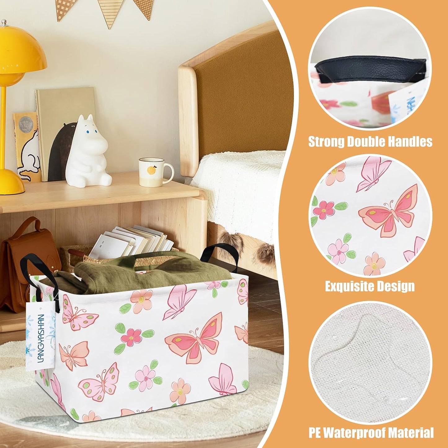 LANGYASHAN Rectangular Storage Bin Collapse Canvas Fabric Cartoon Storage Basket with Handles for Organizing Home Kitchen Boys and Girls Toys Office Closet Shelf Baskets (Rec Pink Butterfly)