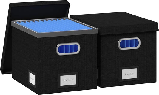 File Organizer Box - File Boxes for Hanging Files with Lid Set of 3 Decorative Hanging Folders Organizer with One-Piece Plastic Frame Slides (Black, 13.2 * 10.1 * 10.1in(2Pack))