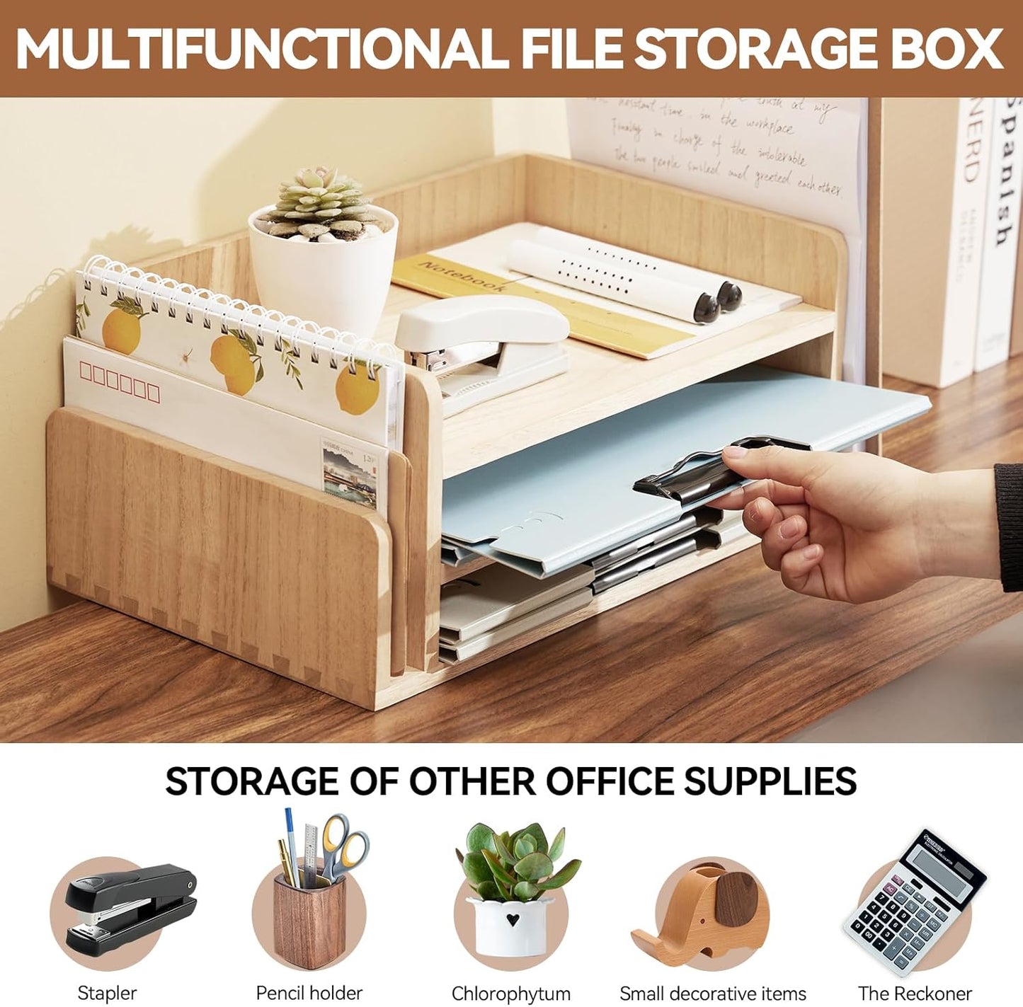 KIRIGEN Wood 3-Tier Office Desktop Document Tray - Mail Sorter Organizer Rack - Wooden Document Letter Stand for Folders, Mail, Stationary, Desk Accessories Natural(2TP-NA)