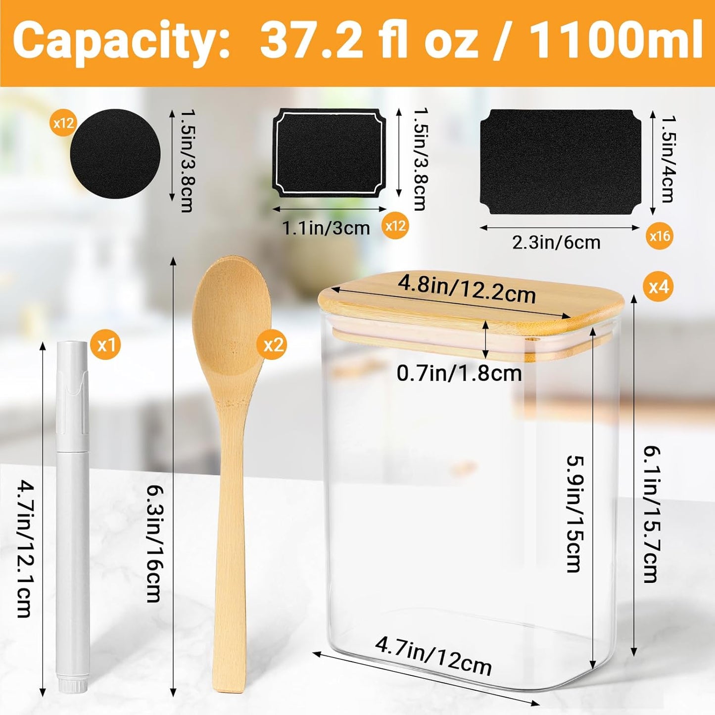 Rectangle Glass Jar with Lid, 4 Pack 37oz Large Glass Jars with Bamboo Lids, Stackable Pantry Storage Containers for Kitchen Counter, Cereal Container for Flour, Tea, Sugar, Coffee, Snacks