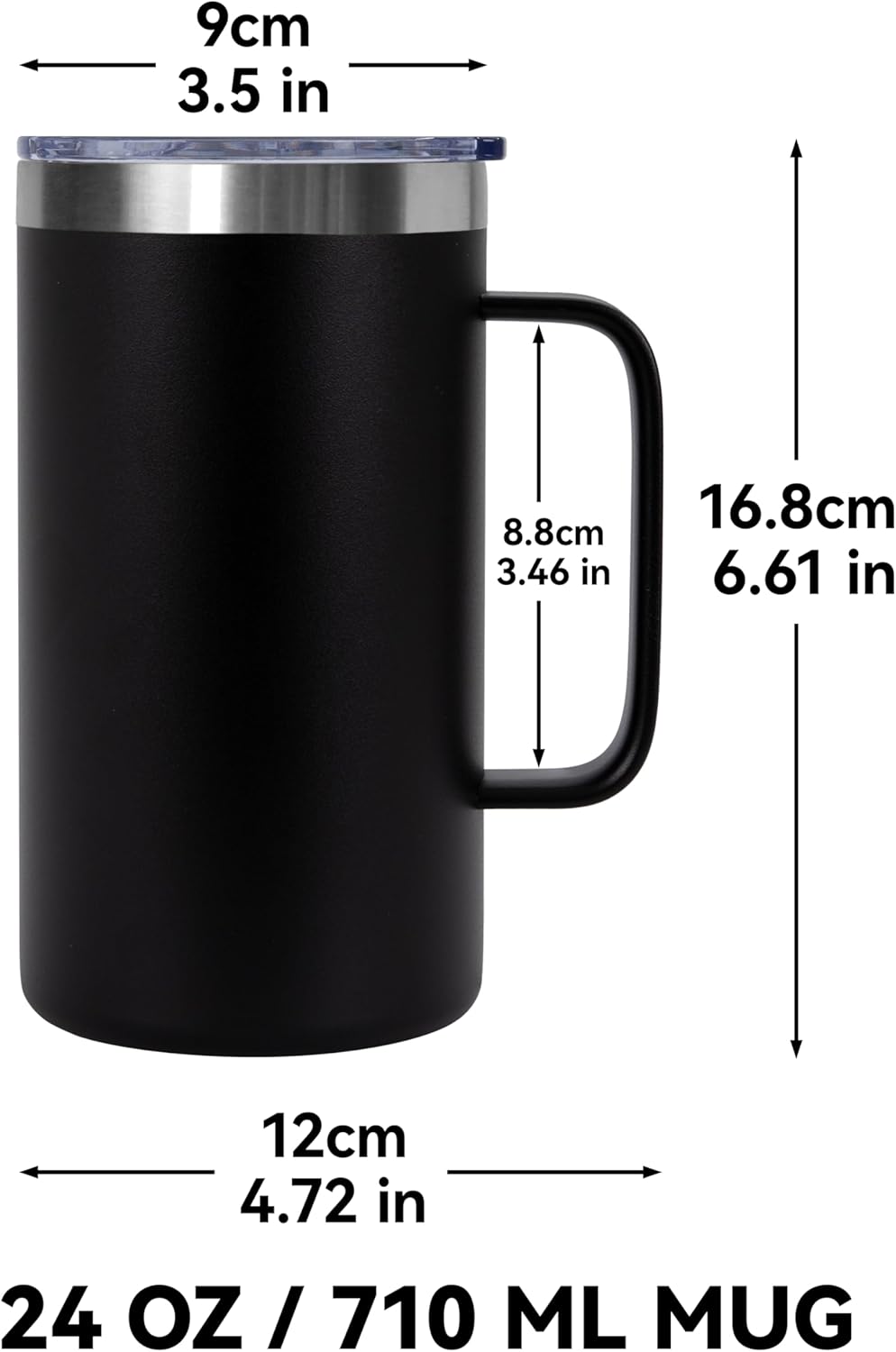 DOMICARE 24oz Mug with Handle and Lid, Stainless Steel Coffee Mug, Travel Mug with Handle, Double Wall Vacuum Coffee Tumbler, Reusable Insulated Cup, Black, Pack 4