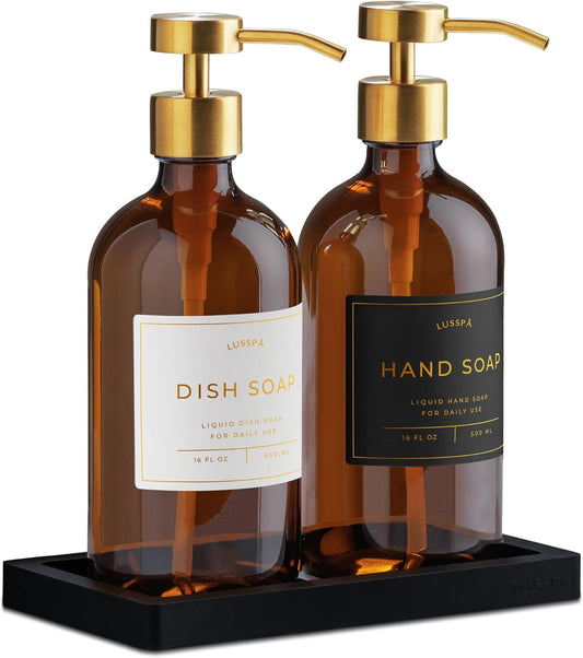 Lotion, Hand & Dish Soap Dispenser for Kitchen Sink - Bathroom Soap Dispenser Set of 2 16.8 Oz Glass Bottles with Stainless Steel Pump, 15 Water Proof Labels & Silicon Tray (Amber/Gold)