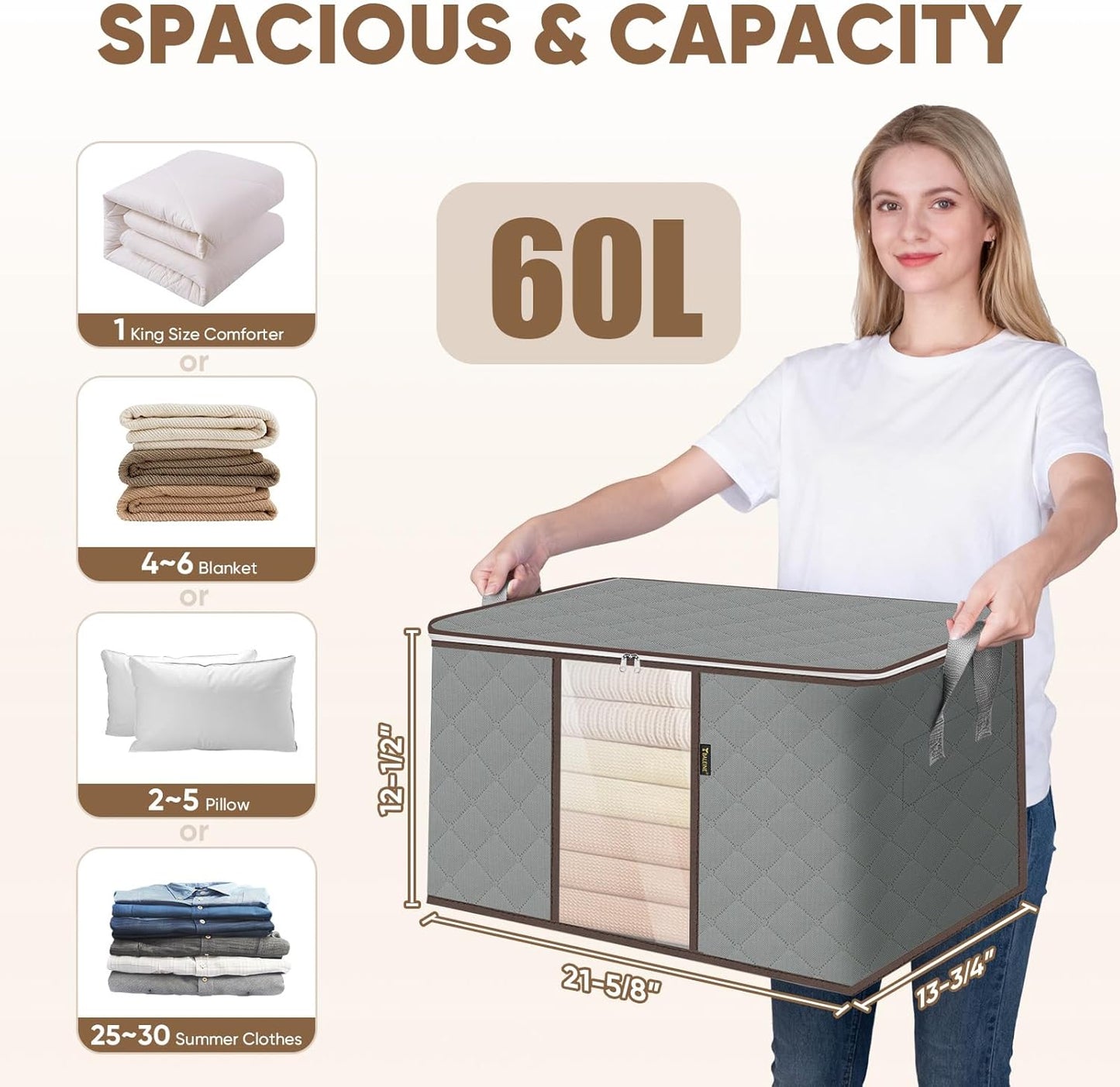 BALEINE 2 Pack Clothes Storage Bags, 16 Gallon Storage Containers with Reinforced Handle, Sturdy Zipper, Closet Organizer for Blanket, Comforter, Pillow, Bedding (Grey, 2 Pack)