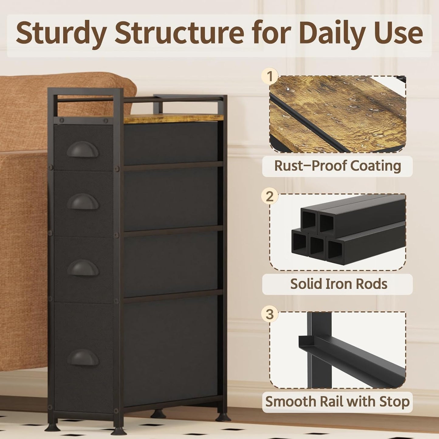 LASZOLA 4 Drawer Narrow Dresser Slim Cabinet Skinny Storage Tower Chest, Ideal for Small Spaces Bathroom Bedroom, Between Washer and Dryer, Lightweight Mobile on Wheels, Sturdy Fabric Drawers, Black