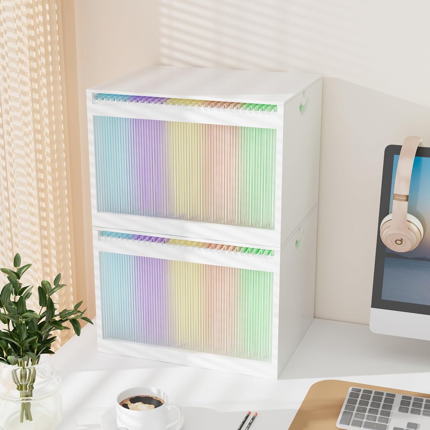 Bamboo Hanging File Boxes with Lids 2 Pack, File Organizer Box for Letter/Legal File, File Box with Hanging Folders Acrylic Light Easy Assembly File Storage Boxes for Home Office, White