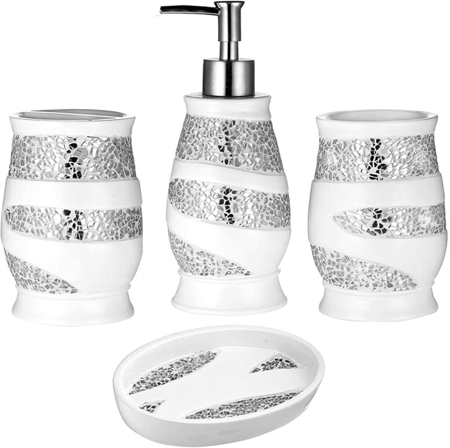 Zahari Home 4pc Sinatra Stylish Bathroom Accessories Set White Soap Dispenser, Tumbler, Tooth Brush Holder and Soap Dish Modern Classic Luxury Decor Bling Mosaic Glass White Bathroom Accessories
