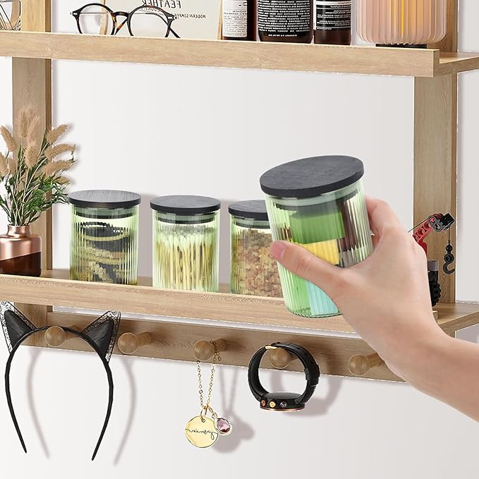 2 Pack Ribbed Glass Qtip Holder Dispenser Set - Apothecary Jars with Lids - Bathroom Canister Storage Organizer and Vanity Makeup Organizer for Cotton Ball,Swab,Round Pads,Floss