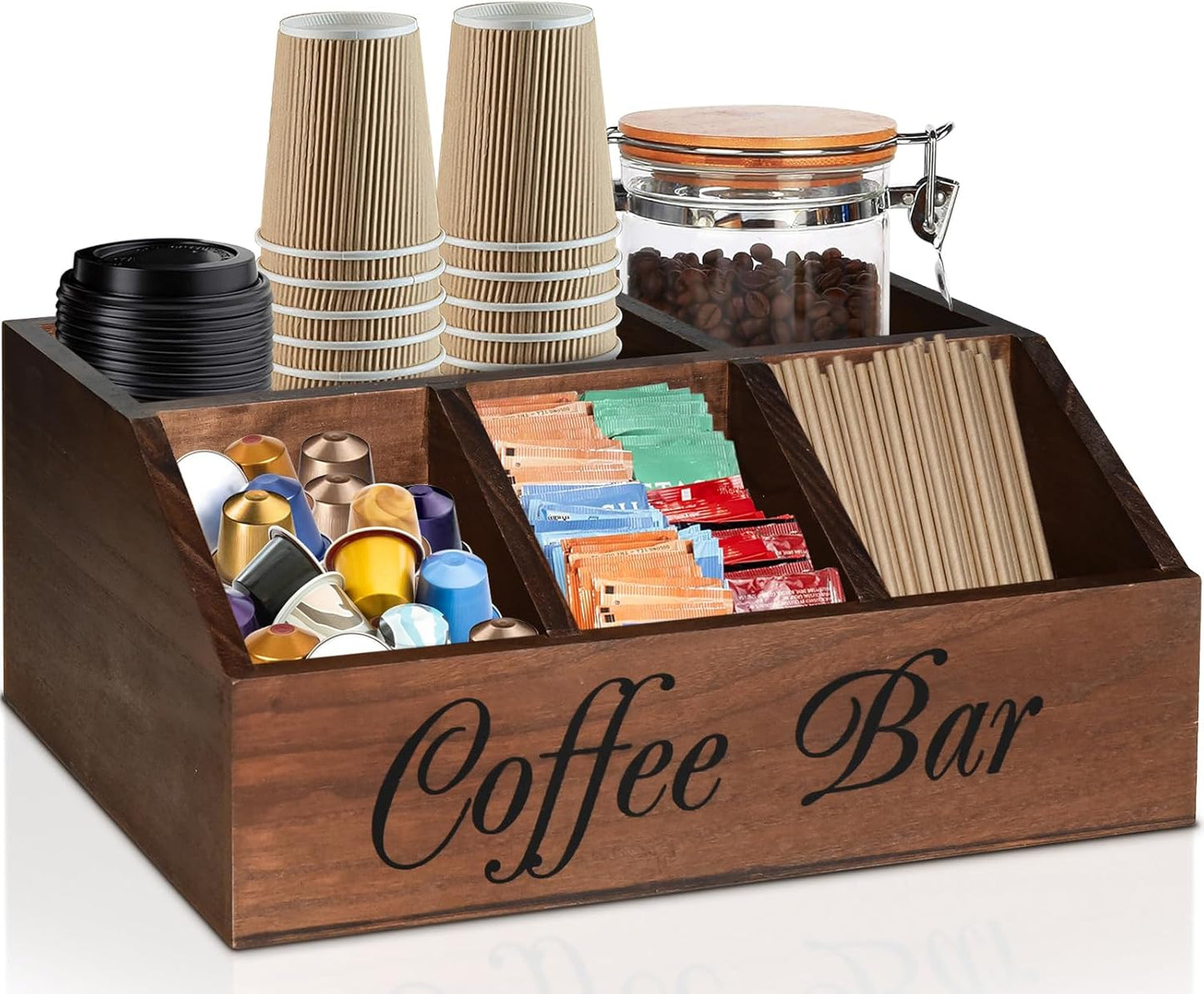 ugiftt Coffee Station Organizer for Counter, Wood Coffee Pods Holder Storage Basket, Tea Condiment Storage Organizer, Rustic Coffe Bar Decor for Accessories