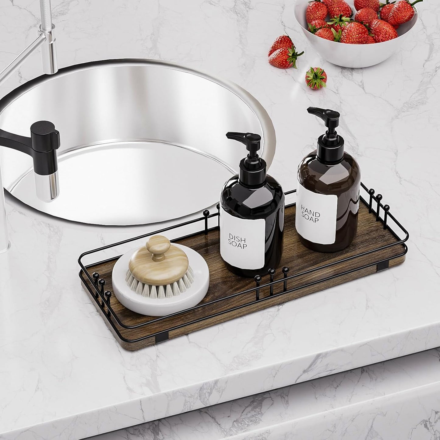 Bathroom Vanity Tray for Countertop Toiletries Perfume Makeup Soap Dispenser Toilet Tank, Kitchen Tray for Salt Spice, Decor Tray for Candle Nightstand Coffee 11.3”x 4.4” Brown-Black