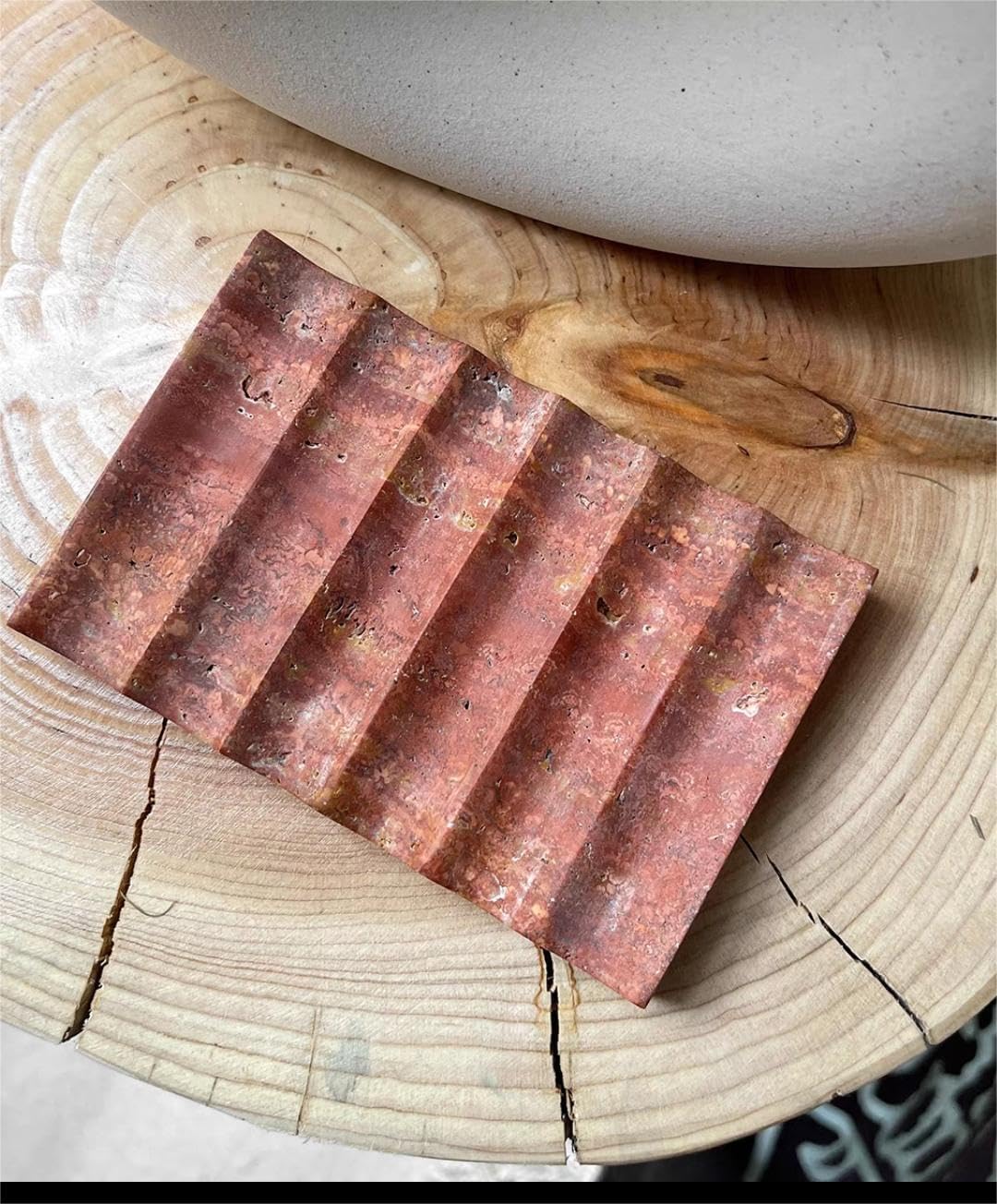 Luxurious Marble Soap Dish Jewelry Ring Tray - Rectangle Stone Soap Tray & Saver for Shower – Self Draining Soap Holder for Bathroom, Kitchen, Red Travertine