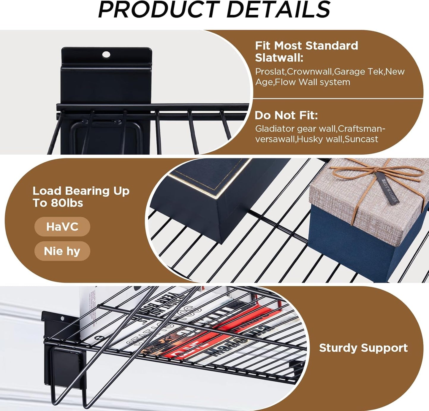 16 inch Width Slatwall Accessories, Heavy Duty Gargage Storage Slatwall Shelves, Slat Wall Wire Shelf 2 Pcs-Black