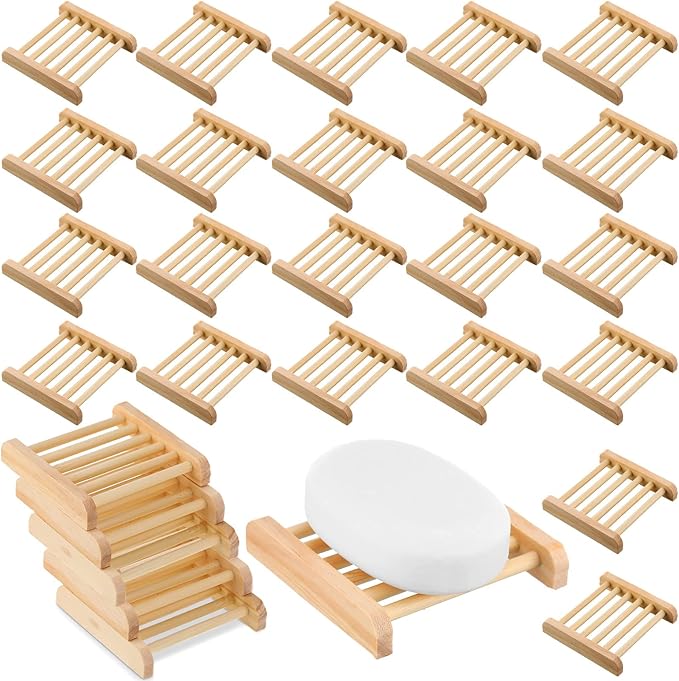 Amyhill 50 Pcs Bamboo Wood Soap Dish Bulk Bathroom Wooden Soap Holder Savers Self Draining Dishes Handcraft Tray, 3.3 x 3.3 x 0.67 Inch (Wood Color)