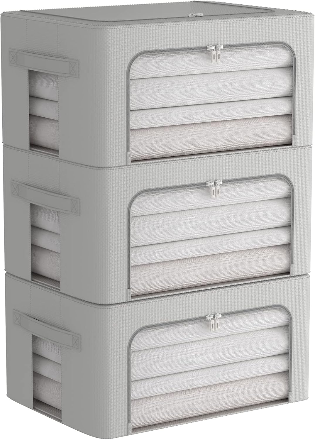 3Pack Frame Storage Box - Clothes Storage Bin Bags Oxford Fabric Foldable Stackable Container Organizer Set with Clear Window & Carry Handles (Grey, Medium-44L)