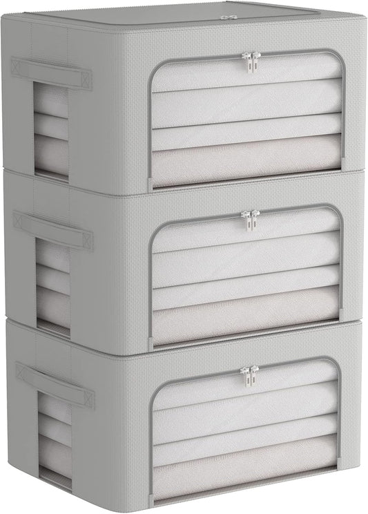 3Pack Frame Storage Box - Clothes Storage Bin Bags Oxford Fabric Foldable Stackable Container Organizer Set with Clear Window & Carry Handles (Grey, Medium-44L)