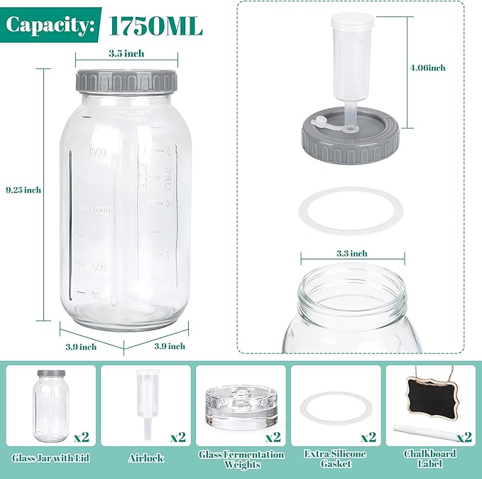 64oz Fermentation Jar Kit with Fermenting Weights and Airlock Lids, Wide Mouth Glass Jars with Scale Mark for Making and Storing Sauerkraut, Pickles (Pack of 2)