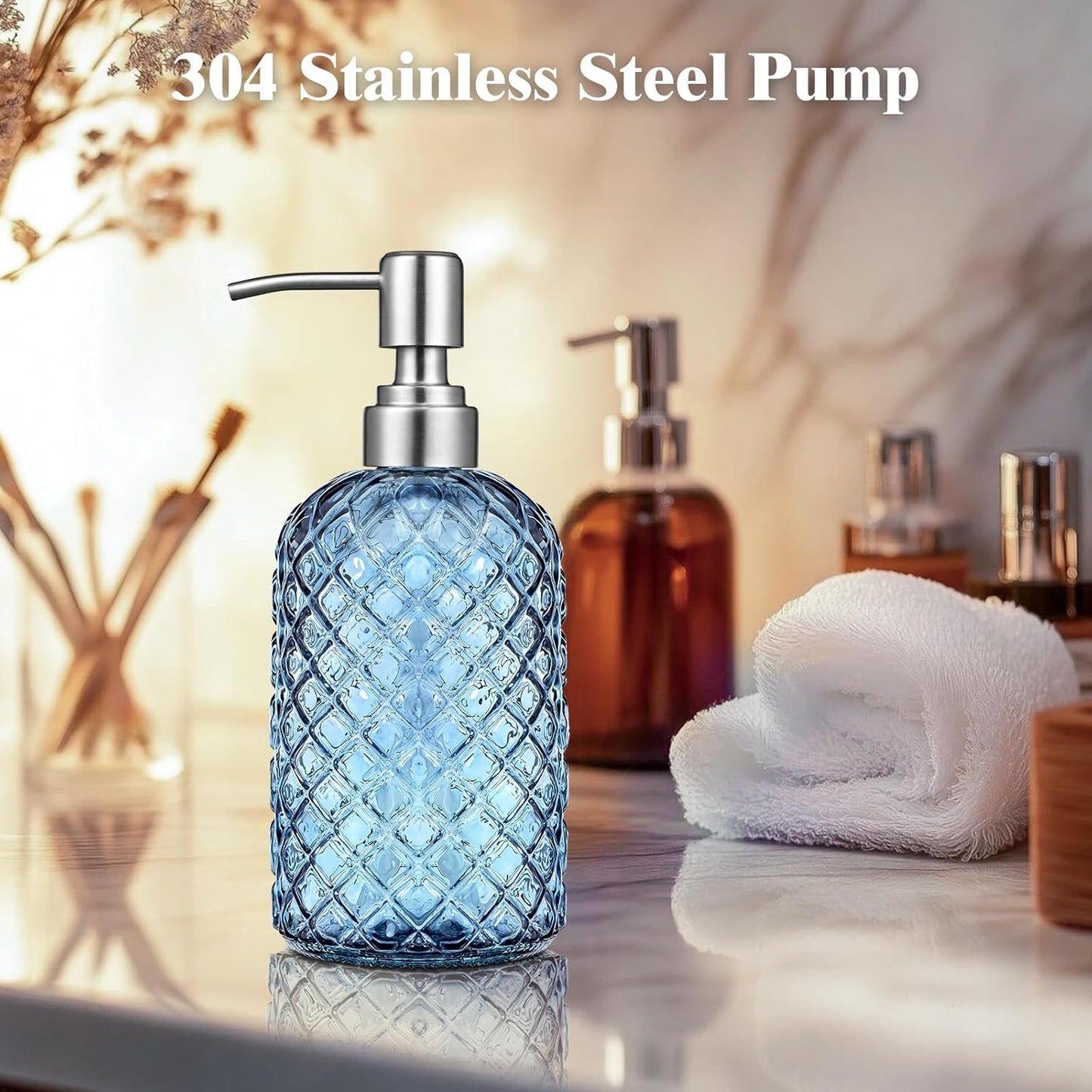 Blue Glass Soap Dispenser Gem Patterned with 304 Stainless Steel Pump 18 oz for Kitchen Dish Soap and Bathroom Hand Soap Bottle