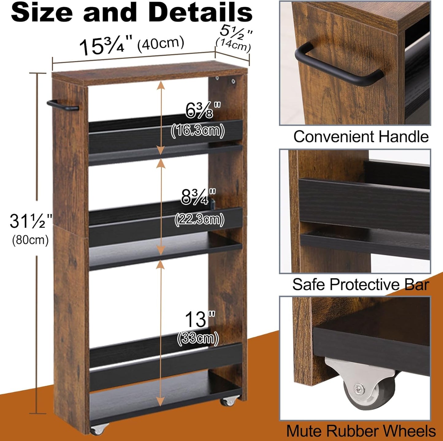 MARTY Slim Rolling Cart 4-Tier Utility Carts with Wheels Handle, Kitchen Storage Cart Slide Out Mobile Shelving Unit Organizer for Bathroom Laundry Room Organization Narrow Places (Rustic Brown)