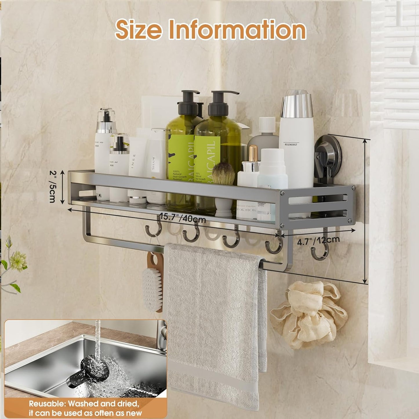 Shower Caddy Suction Cup,15.7 inch suction shower shelf with Hooks NO-Drilling Bathroom Holder, Rustproof bathroom organizer, Dark Grey