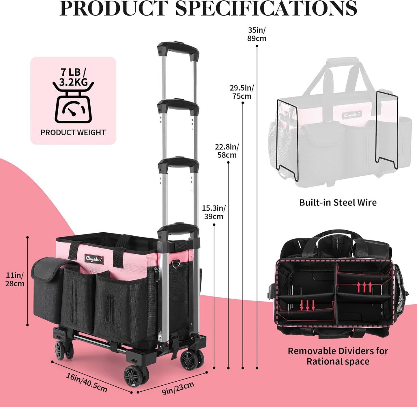 Rolling Cleaning Caddy, Cleaning Supplies Organizer with Trolley, Wearable Cleaning Tote Bag on Wheels with Hard Bottom, Cleaning Carts for Housekeepers/Home/Car/Office/Picnic (Pink)