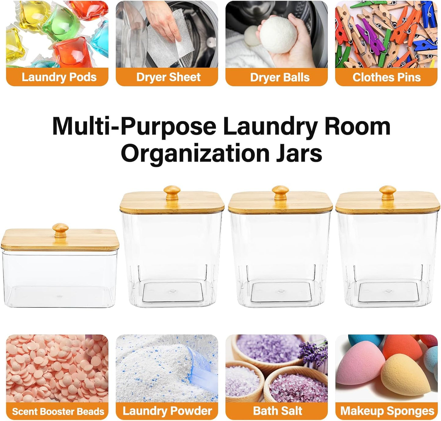 4PCS Laundry Pods Container, Clear Laundry Room Organization and Storage with Bamboo Lids, 3 Premium Scoops & Labels – Ideal for Scent Booster Beads, Dryer Balls, Sheets & Powder (6'')