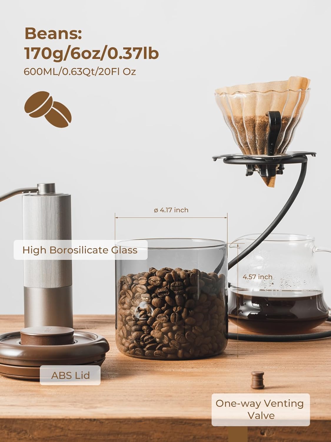 Borosilicate Glass Air Tight Coffee Grounds Container 600 ml – Pop Top Coffee Canister with One-Way CO₂ Valve, 7 oz Coffee Storage Container, UV Protection