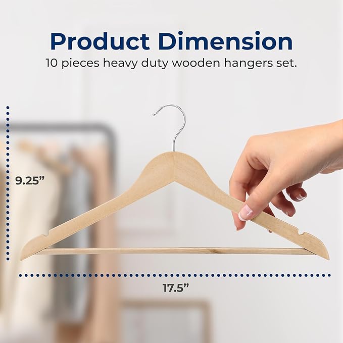 SereneLife Solid Wooden Hangers, Mega Pack, 50 Pieces Hangers for Clothes, Heavy Duty Suit Hanger Set with Chrome 360 Degree Swivel Hook, Notched Design, Natural Wood Color